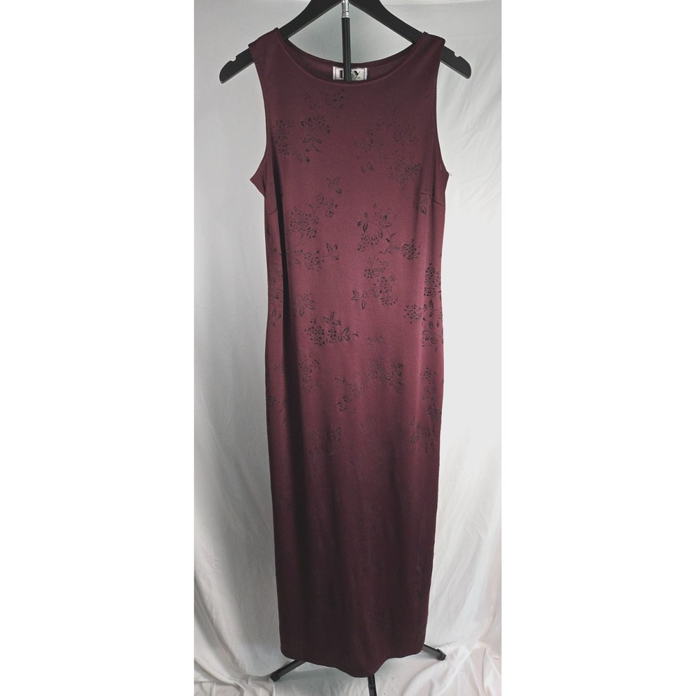 Vintage 90s Y2K Burgundy Floral  Flocked Midi Maxi Dress Sz 11 Whimsigoth Grunge